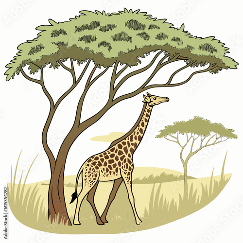 A lone giraffe walks under the shade of a large acacia tree in the savanna
