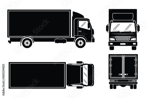 Detailed Vector Illustration: Black Delivery Truck with Multiple Perspectives Rendered