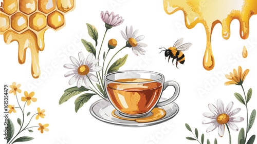 Honeycomb, Dripping Honey, Tea Cup, Chamomile Flowers and Bee Illustration on White Background