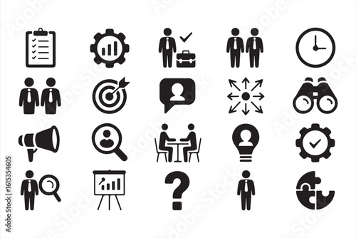 Teamwork and Business Icons: Collaboration, Planning, and Growth Symbols