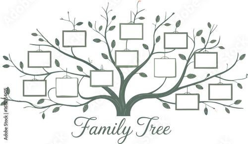 Illustrated Family Tree with Hanging Frames on Branches, Isolated on White Background