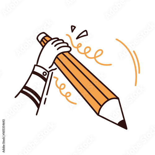 Hand holding large orange pencil with swirling lines writing