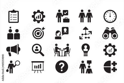 Black Icons of Business Collaboration: Teamwork, Target, Ideas, and Problem-Solving