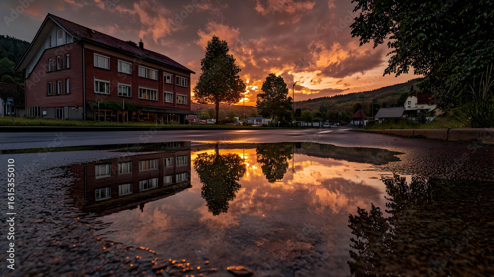 Obraz premium Sunset reflecting in a puddle on a street, charming town. A multi-storied building, a tree and warm colors of the sky mirrored perfectly in the water