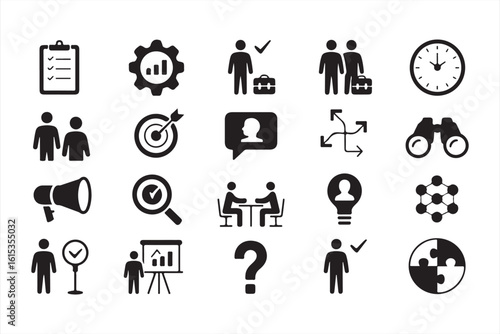 Black Icons for Business Strategy: Rocket, Financial Growth, and Decision Making