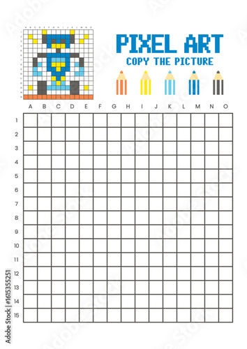 Copy the picture grid drawing worksheet for kids. Pixel art robot