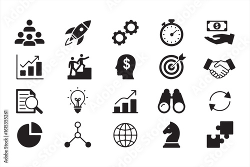 Leadership and Strategy Icons in Black: Rocket, Gear, Goal, and Growth