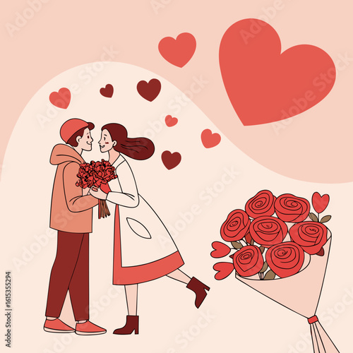 Couple sharing flowers and hearts on valentine s day celebration