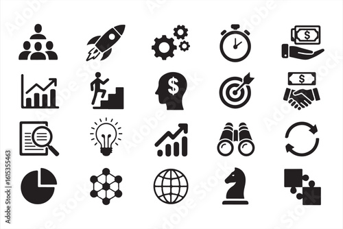 Black Icons Depicting Business Growth, Success, and Teamwork in a Simple Style