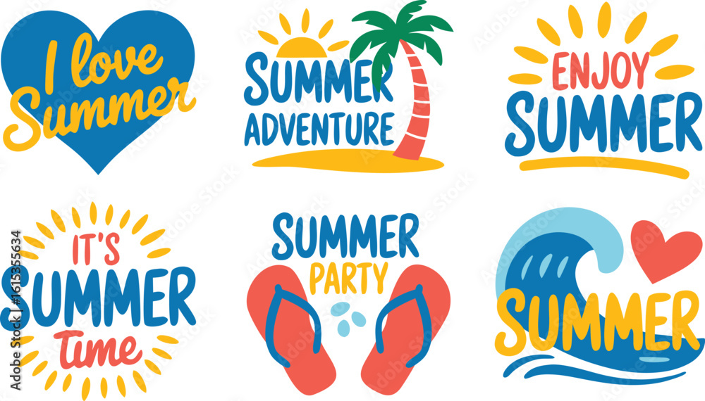 Fototapeta premium Six Summer Themed Designs Featuring Phrases Like Summer Adventure, Party, and Enjoy Summer