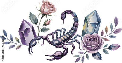 Scorpion with Roses and Crystals Watercolor Illustration of Mystical Design and Tattoo Idea