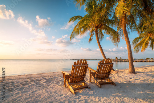 Fototapeta Naklejka Na Ścianę i Meble -  Beautiful tropical beach with two wooden chairs on the sand at sunset,