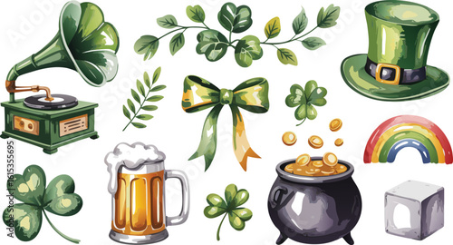 St Patrick's Day Green Phonograph, Shamrocks, Gold, Leprechaun Hat, Pot of Gold, Rainbow, and Beer Illustration