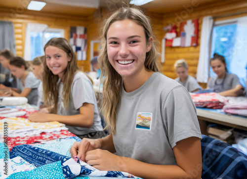 Young woman with long hair smiles while sewing colorful fabric in a workshop, surrounded by peers engaged in creative textile projects, showcasing teamwork and craftsmanship