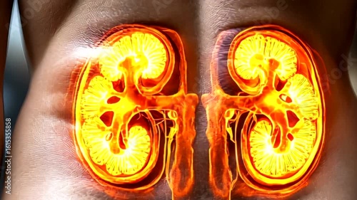Illuminated kidneys on lower back anatomical view