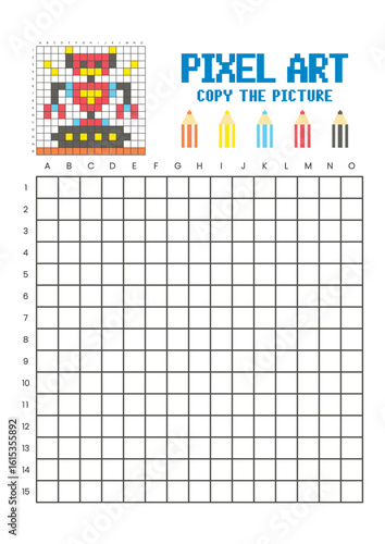 Copy the picture grid drawing worksheet for kids. Pixel art robot