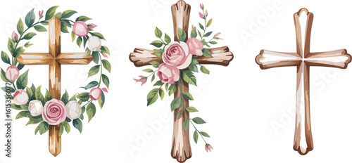 Three Crosses Depicted with Flowers and Greenery; Christianity, Easter or Religious Holiday Concept