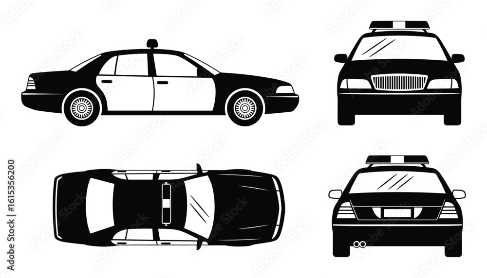 Fototapeta premium Detailed Black and White Police Cruiser Vector Illustration from Multiple Angles.