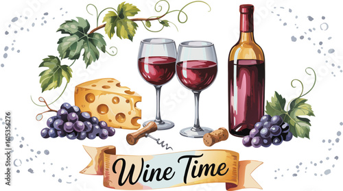 Two Wine Glasses, Bottle, Cheese, Grapes, and 'Wine Time' Banner Illustration Isolated on White