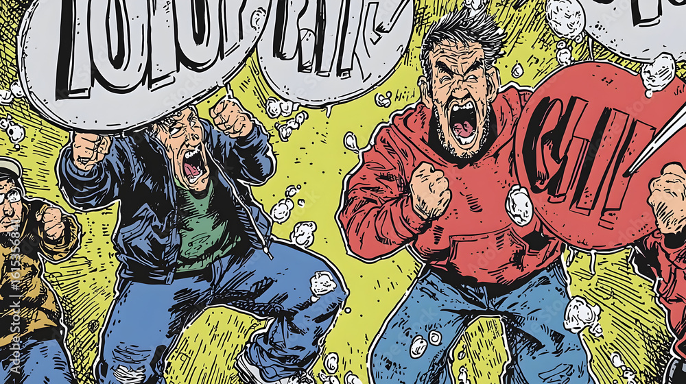 Obraz premium Three men in comic book style, exhibiting anger and frustration, holding large speech bubbles filled with words like LOL and GIF. Energetic poses and expressive faces. Yellow background