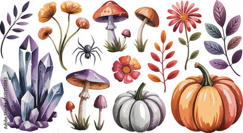 Watercolor Fall Arrangement Featuring Pumpkins, Crystals, Mushrooms, Flowers, Leaves and a Spider
