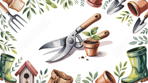 Watercolor Gardening Tools and Plants Illustration Featuring Secateurs, Boots, Birdhouse, and Terracotta Pots