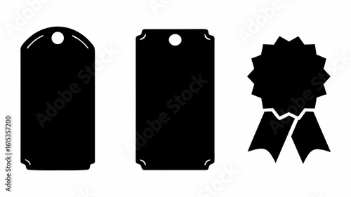 Illustration of two black tags with hole and a black rosette with ribbons on a white background | editable eps vectors silhouette