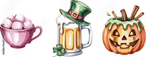 Watercolor Holiday Drink Collection Marshmallow Cocoa, Saint Patrick's Beer, Halloween Pumpkin Punch