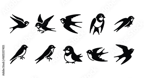 Vector silhouette illustration silhouettes of swallow birds, one flying and one perched with a twig, isolated on white background