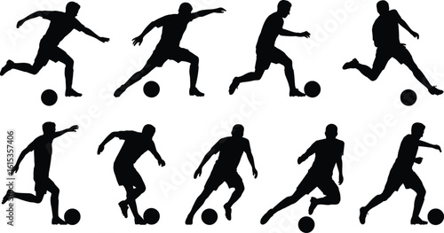 Silhouettes of soccer players in various kicking and running poses