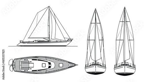 Precise Detailed Technical Blueprint of a Sailing Yacht Design, Showcasing Boat Layouts