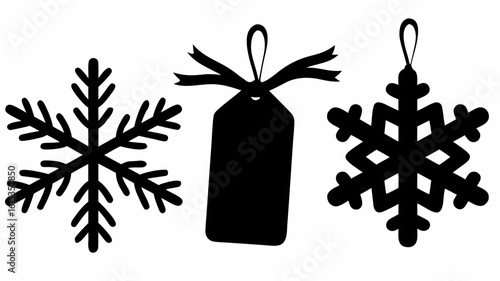 Three christmas ornaments in black silhouette including snowflakes and a gift tag with ribbon decoration | editable eps vectors