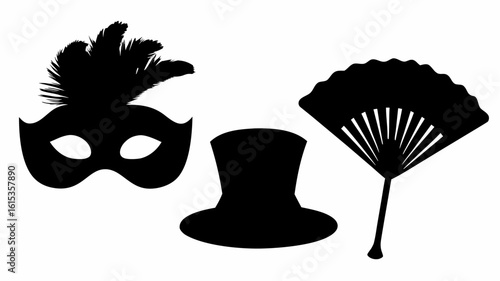Silhouette illustration of a feathered mask, a top hat, and a hand fan in black and white style art | editable eps vectors