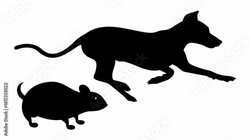 Silhouette of a dog chasing a mouse with the dog in mid run and the mouse on the ground, black design | editable eps vectors