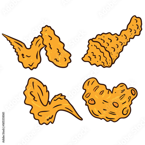 Crispy golden chicken wings and drumsticks vector illustration fried