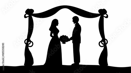 Silhouette of bride and groom holding bouquet under wedding arch with decorative ties and rings shown | editable eps vectors