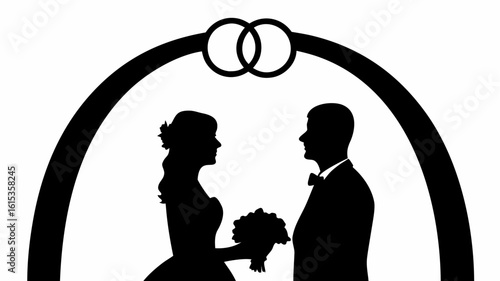 Silhouette of a bride and groom under an arch with wedding rings in a black and white illustration | editable eps vectors