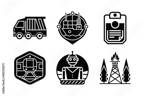 A diverse set of industrial glyph icons representing transport, technology, and energy sectors, including a truck, ship, train, and robot.