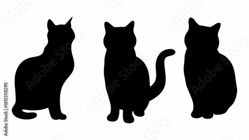 Silhouette illustration of three cats in various poses against a white background in a simple design | editable eps vectors