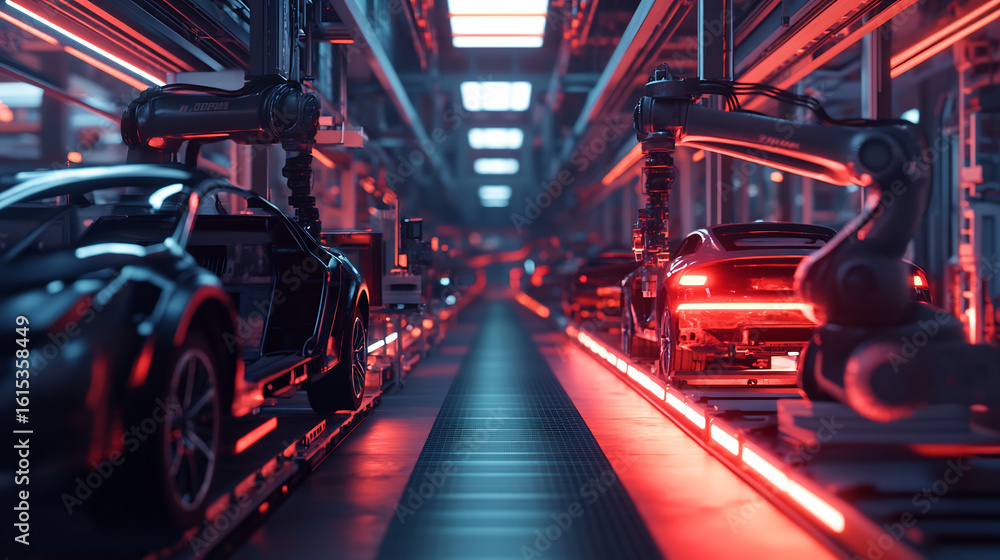 Futuristic car factory assembly line with automated robotic arms and glowing red and blue lights Futuristic car factory assembly line with automated robotic arms and glowing red and blue lights