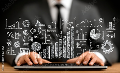 Businessman using laptop for analyzing data. Enterprise resource planning concept. Business structure and many business icons. High quality