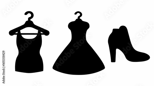 Silhouette of a tank top on a hanger, a dress on a hanger, and a high heeled boot in black color | editable eps vectors