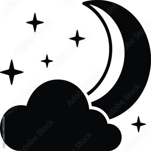 A charming illustration featuring a crescent moon surrounded by twinkling stars and a fluffy cloud. This whimsical design captures the magic of the night sky, making it perfect for children's decor.