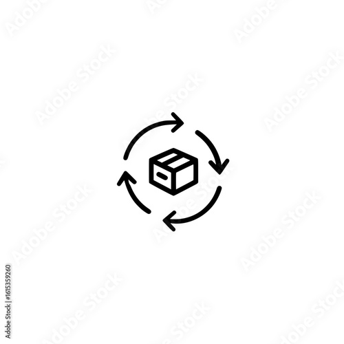 Cardboard box icon surrounded by circular arrows vector illustration representing recycling and reuse