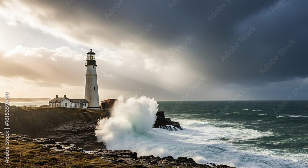 Obraz premium Dramatic Ocean Waves Crashing Near Lighthouse at Sunset