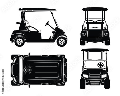 Highly Detailed Black Vector Illustration Set Depicting a Golf Cart in Various Views