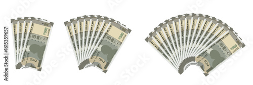 Stack of Indian 500 rupee banknotes in fan arrangement, flat vector illustration of ₹500 INR currency bills on white background, perfect for finance, banking, savings, investment, and economic design
