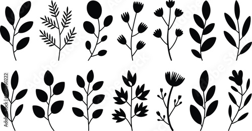 Collection of hand drawn botanical elements and floral sprigs in black silhouette