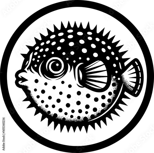 Minimalist black and white puffer fish icon with clean lines. Geometric and modern style, perfect for logos, stickers, or digital use.