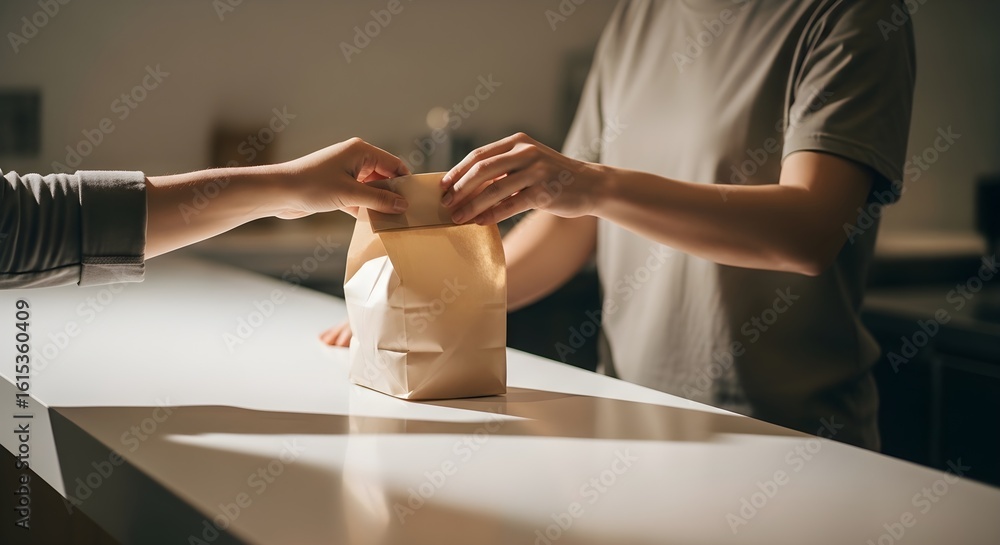 Obraz premium A customer receives a takeaway meal in a paper bag. Ideal for food delivery services or restaurant promotions featuring takeout options.